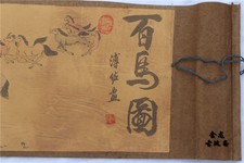 Old Chinese picture silk paper Painting "100 horse " Scroll painting