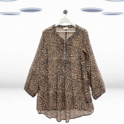 Ex Damen Bluse Übergröße Langarm Half Zip Leopardenmuster in Braun (Defekt)