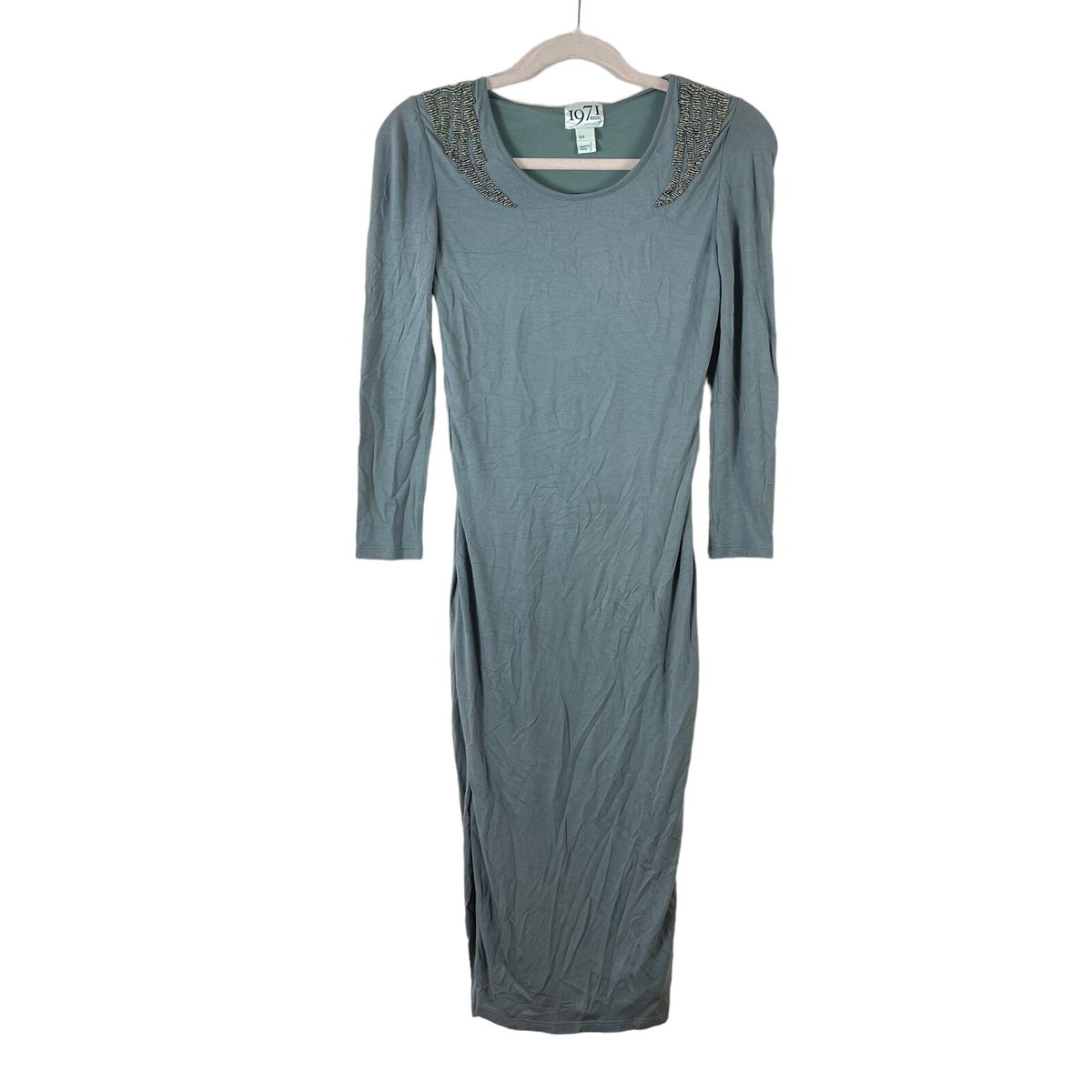 REISS 1971 womens size XS gray beaded 3.4 sleeve bodycon midi dress