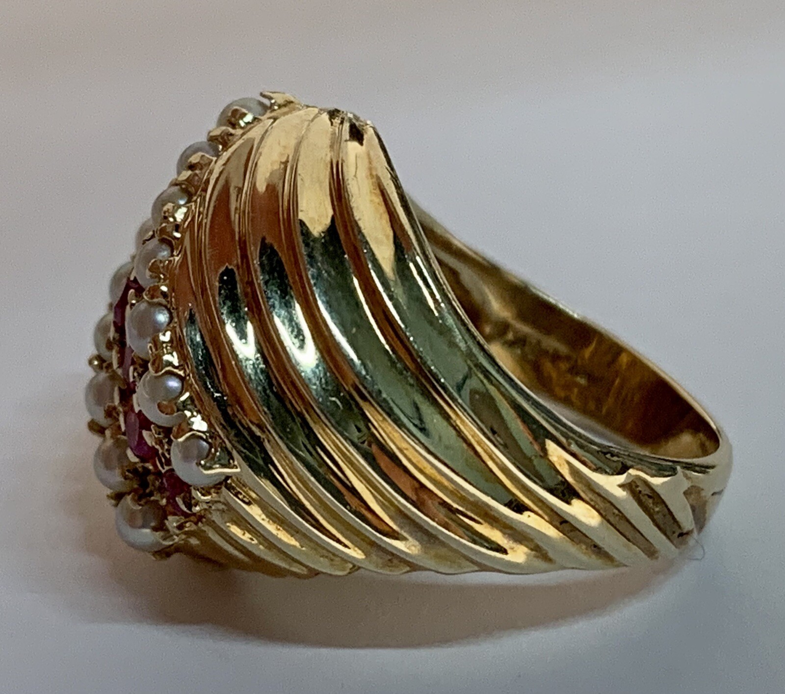 Pearl and Pink Ruby Ring 14k Solid Yellow Gold, V… - image 4