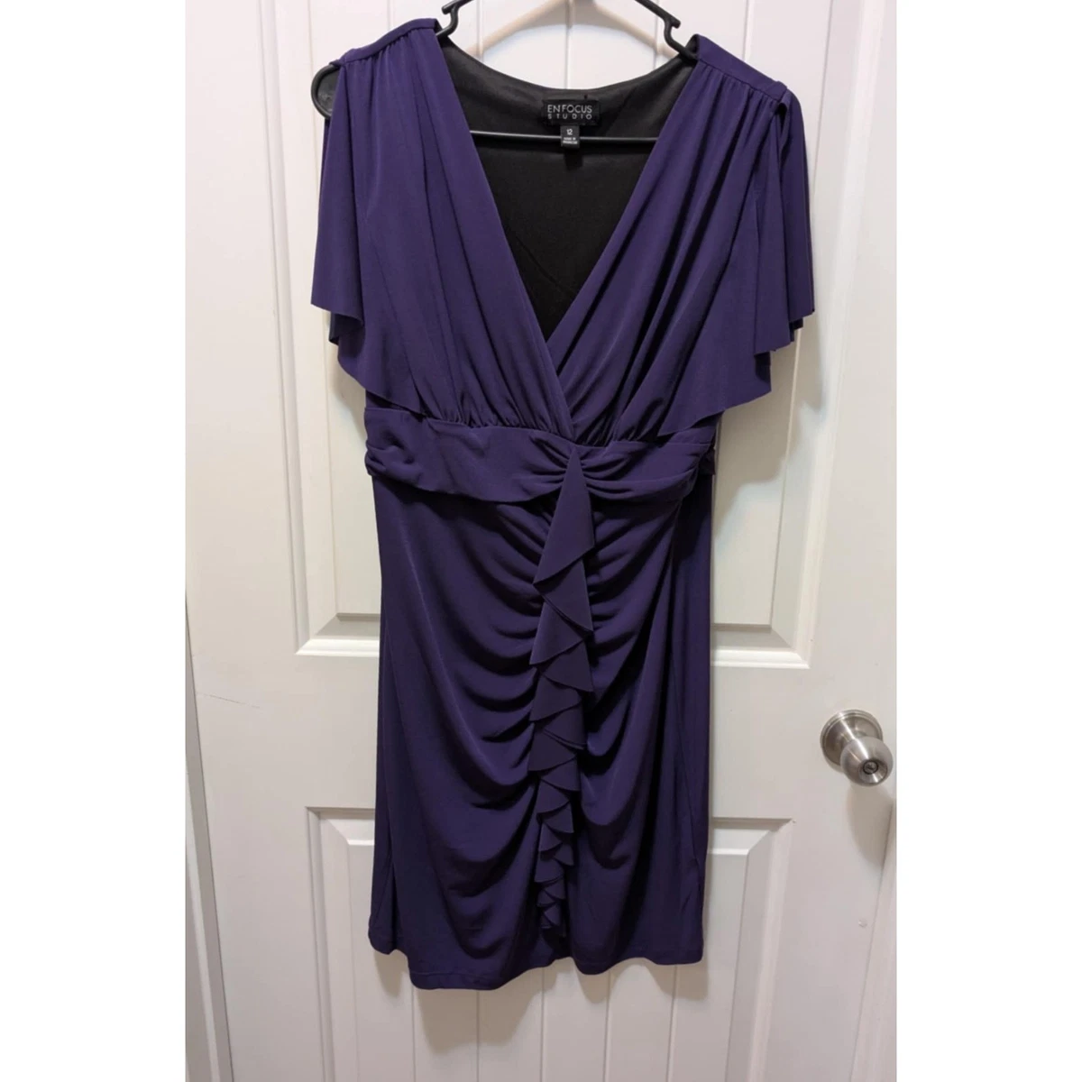 enfocus studio purple dress En Focus Studio Womens Faux Wrap Dress Purple Stretch V Neck Embellished Maxi 14