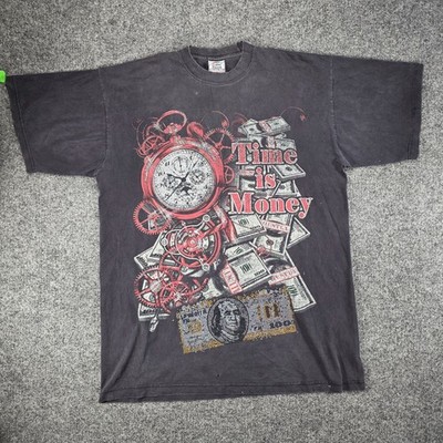 Y2K Big Tiger Time Is Money Rhinestone Graphic T Shirt Mens 2XL Tall Faded Black