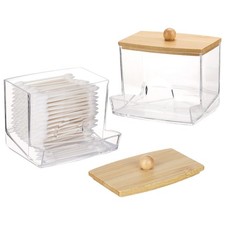2 Pack 10oz Qtip Holder Dispenser with Bamboo Lids, Big Clear Bathroom Organi...