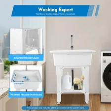 Freestanding Utility Sink Laundry Tub Wash Bowl Basin Hot &Cold Faucet Washboard