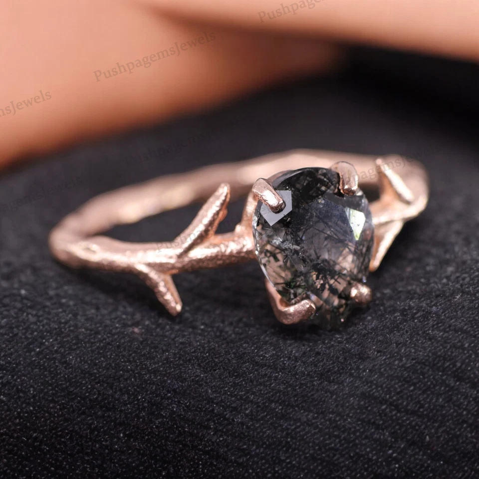 Anillo de cuarzo rutilo natural en forma de pera de 7x5 mm de plata de ley 925 chapado en oro rosa Foto 2 de 4