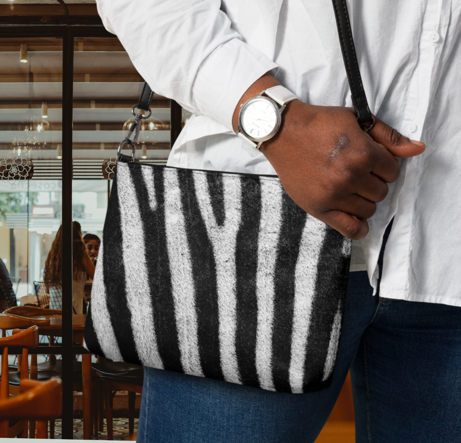 Crossbody Bag with Black and White Zebra Skin Print-image