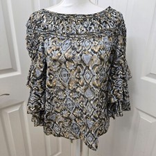 3.1 Phillip Lim Blouse Womens 4 silk blend Ruffle Sleeve Blue ikat Semisheer