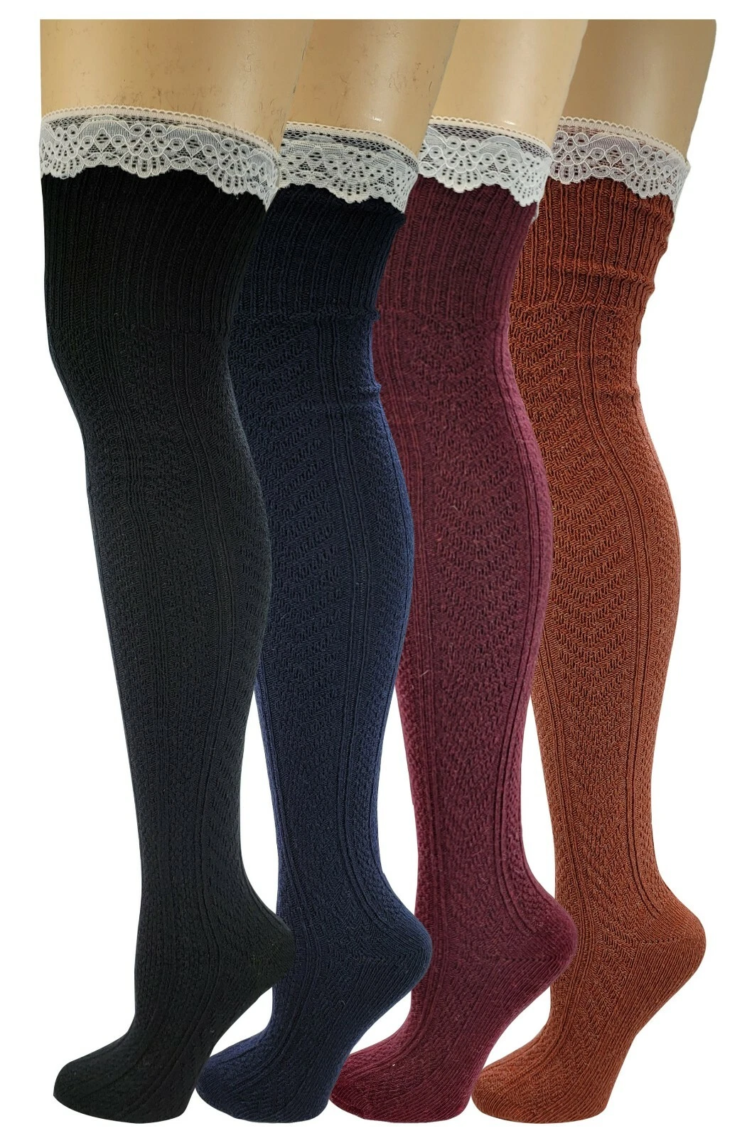 4 Pairs Thermal Womens Cable Knit Wool Thigh High Soft Boot Over The Knee Socks