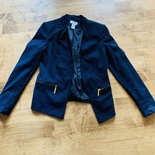 CARMEN Navy Jacket Blazer Size 4 Zipper Pockets Gold Trim Excellent Condition