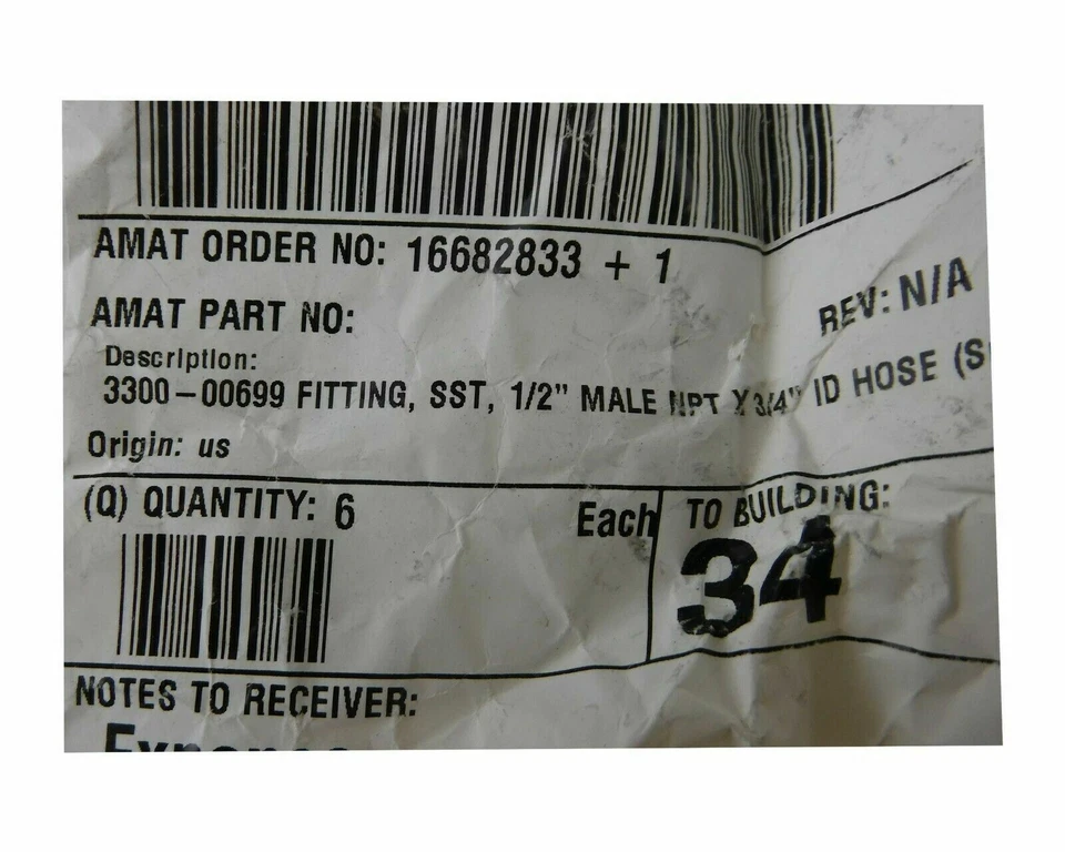 SWAGELOK APPLIED MATERIALS AMAT PUSH ON HOSE FITTING SS-PB12-PM8 3300-00699 - Image 4 of 4