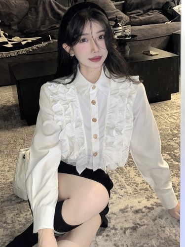 Women's retro ruffle edge long-sleeved blouse Korean single-breasted shirt top - Picture 2 of 14