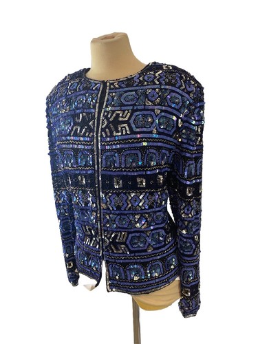 Papell Boutique Y2K Beaded Sequin Cocktail Jacket Blue/Black Multi Size 14 W - 第 2/10 張圖片