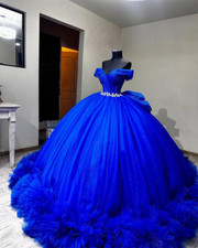 Royal Blue Quinceanera Dress Bow Crystals Puff Tiered Ruffles Ball Gown Sweet 16