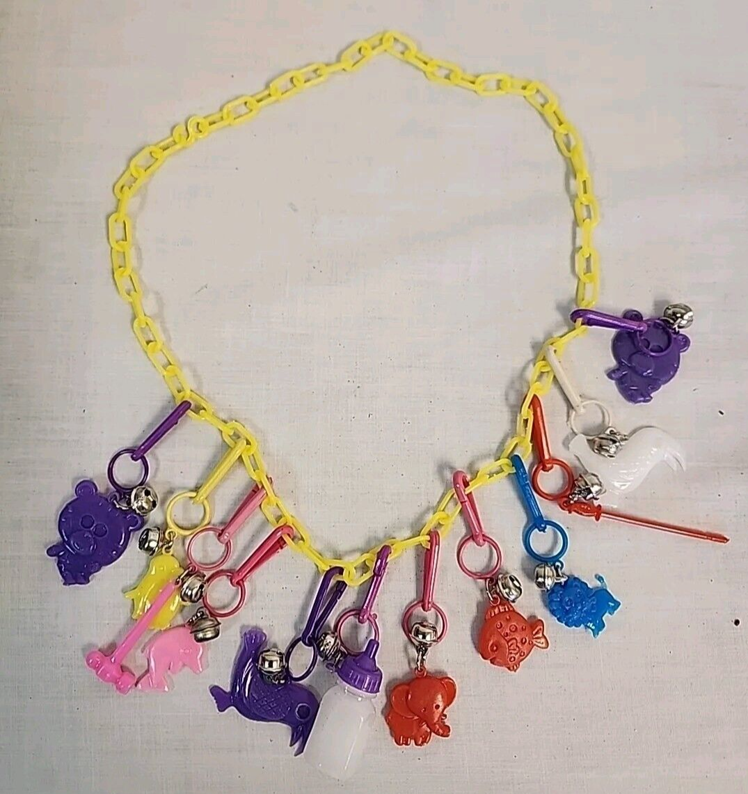 VTG NEW 1980's Plastic Yellow Chain Charm Necklace with 12 Clip On Bell  Charms
