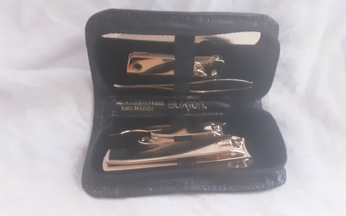 BUXTON BLACK LEATHER MANICURE GROOMING KIT VTG STAINLESS STEEL SNAKESKIN DESIGN