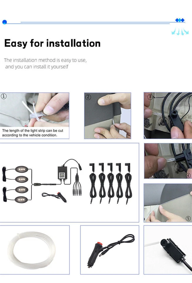 Lámpara de atmósfera LED RGB 10 en 1 luz de decoración de interiores de automóviles banda de fibra óptica de 5M hágalo usted mismo Foto 3 de 4