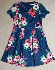 Eliza J Fit And Flare Dress 12 Short Sleeve Zip Round Neck Navy Pink  Floral EUC