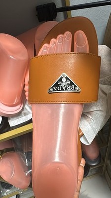 PRADA Women's Brown Solid Logo Slip-On Slide Sandals Flat Casual Spring/Summer