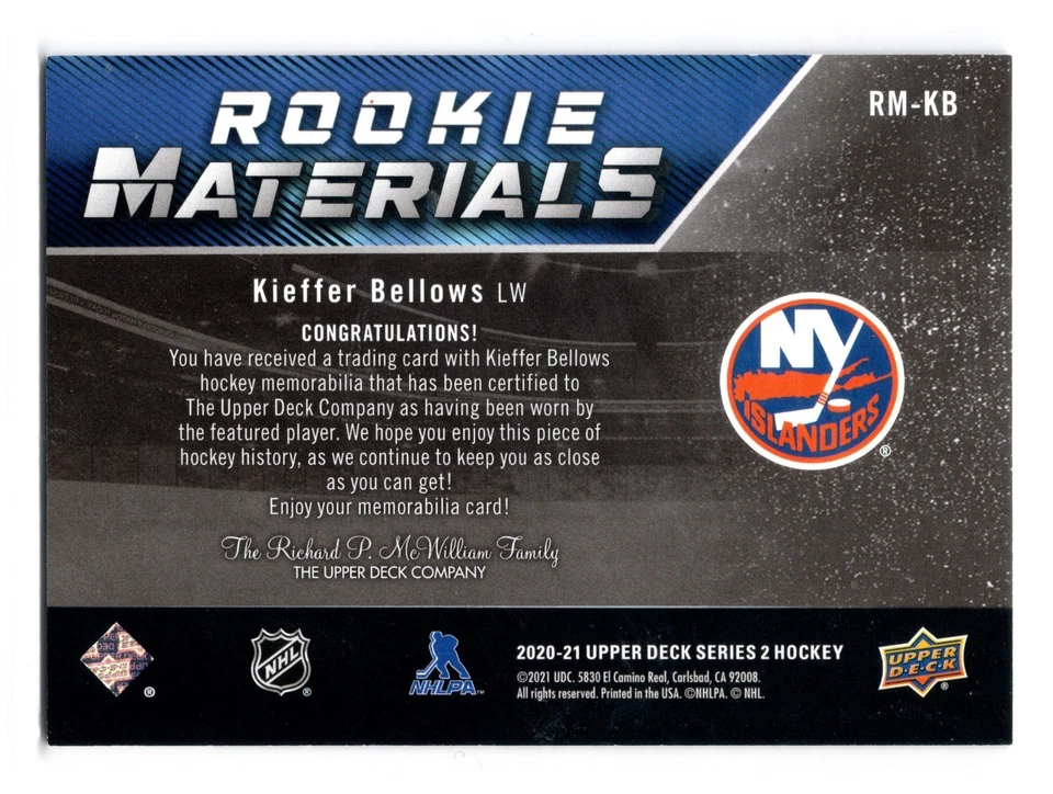 2020-21 Upper Deck Rookie Materials Kieffer Bellows #RM-KB New York Islanders - Image 2 of 2