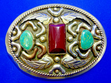 Native American Indian Style Turquoise Coral Stones Alpaca Mexico Belt Buckle