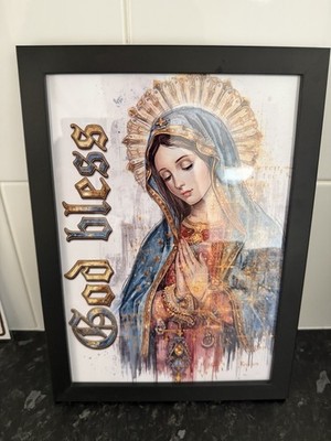 Gerahmter A4 Kunstdruck Jungfrau Maria ''Gott segne'' - moderne religiöse Wanddeko