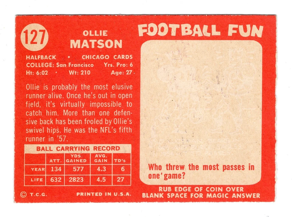 1958 Topps Ollie Matson Card #127 Chicago Cardinals San Francisco - Image 2 of 2