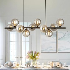 Linear Chandelier 10 Light Smoked Glass Globe Modern Gray 40"