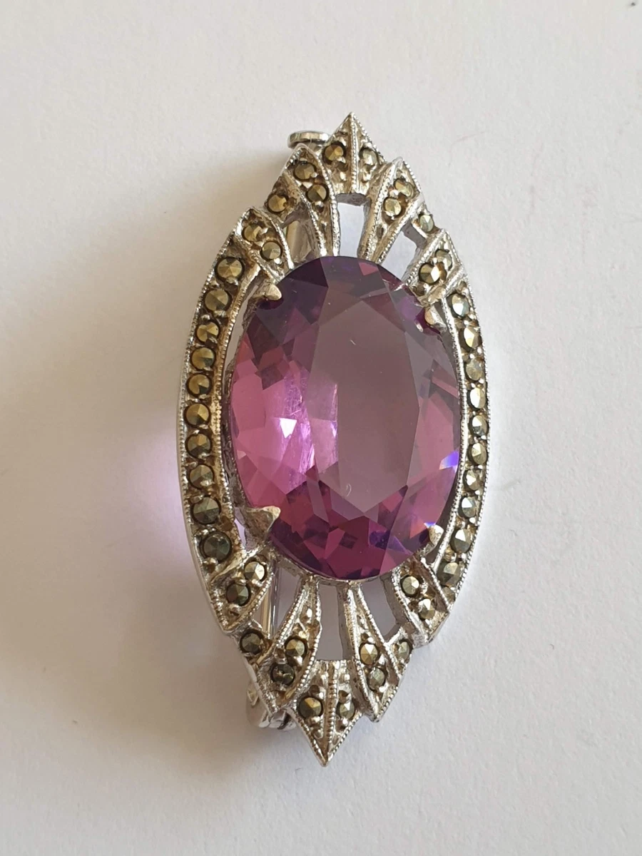 Broche Barrette Argent Art Nouveau XXe Siècle Avec Améthyste - Bon état - Bijou Vintage Violet