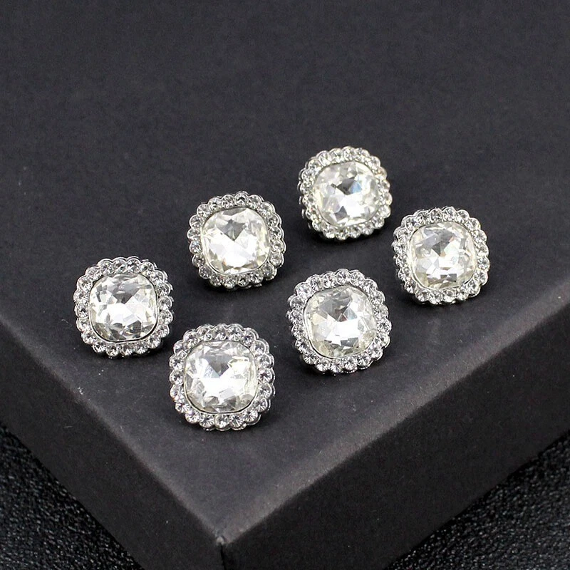 6 X Square Glitter Rhinestone Buttons Shirt Button Silver 12mm Sewing Decor Cute - Image 2 of 4