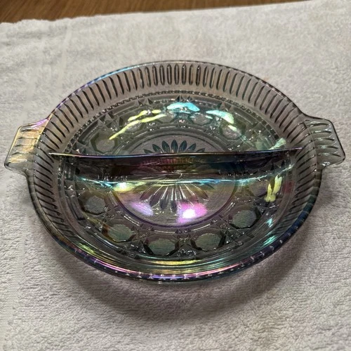Vtg Indiana Clear Glass Button and Cane Windsor Divided Relish Dish Iridescent