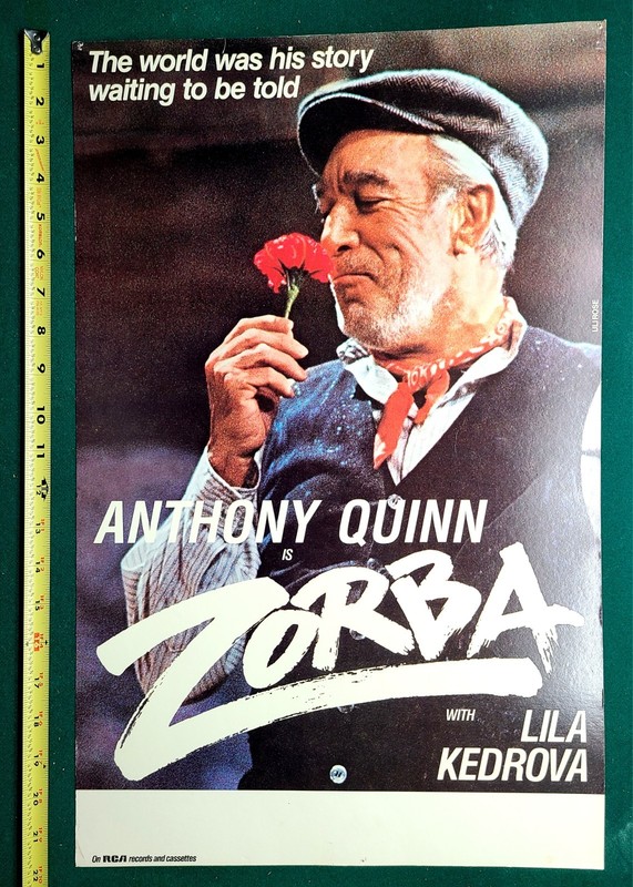"ZORBA" Anthony Quinn Window Card Poster 1983 Broadway 14"x22" Vintage Original 