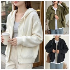 Womens Hooded Zip Jacket Solid Color For Chunky Ribbing for Vacation Wear