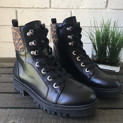 Nine West Wylie3 Black Combat Boot Leopard Print Accent Women's