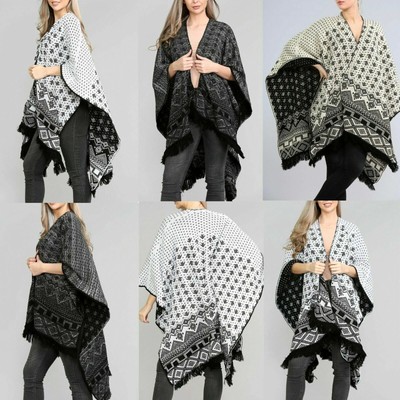 Damen Frauen Azteken Strick Wende Cape Lorex Fransen Saum Halstuch Schal Poncho
