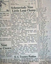 SCHENECTADY New York Little League Baseball WORLD SERIES Champion 1954 Newspaper