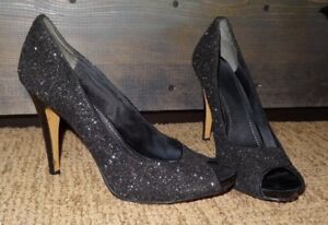 black sparkly open toe heels