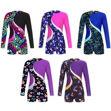 Girls Unitards Athletic Leotard Long Sleeve Bodysuit Printed Jumpsuit Training