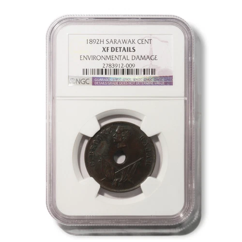 Sarawak C Brooke Rajah One Cent 1892 H KM-7 Environmental Damage NGC XF Details