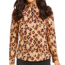 NWT IBKUL LE LEOPARD Natural Black Long Sleeve Mock Golf Shirt S M L XL