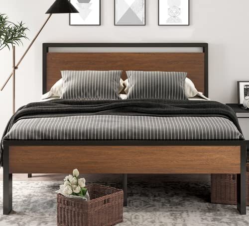 14 Inch Size Metal Platform Bed Frame with Wooden Headboard and Queen Walnut - Picture 4 of 7