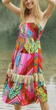 NWT $230 Farm Rio x Anthropologie PALILA XS Pink Green Tropical Fringed Midi 