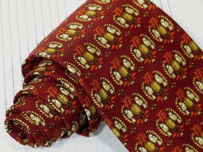 Salvatore Ferragamo Burgundy Silk Tie Pineapple and Exotic Bird 3 3/4