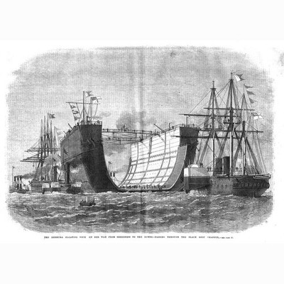 Das Schwimmdock für BERMUDA auf dem Weg von der Sheerness - antiker Druck 1869