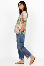 Johnny Was Eliza Cargo Jean Size 28 Medium Wash Boho Embroidered trim
