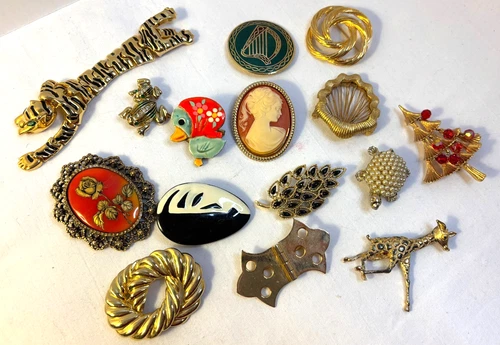 Vintage Costume Jewelry Lot of 15 Brooches Pins Monet Cameo Jaguar Giraffe Frog