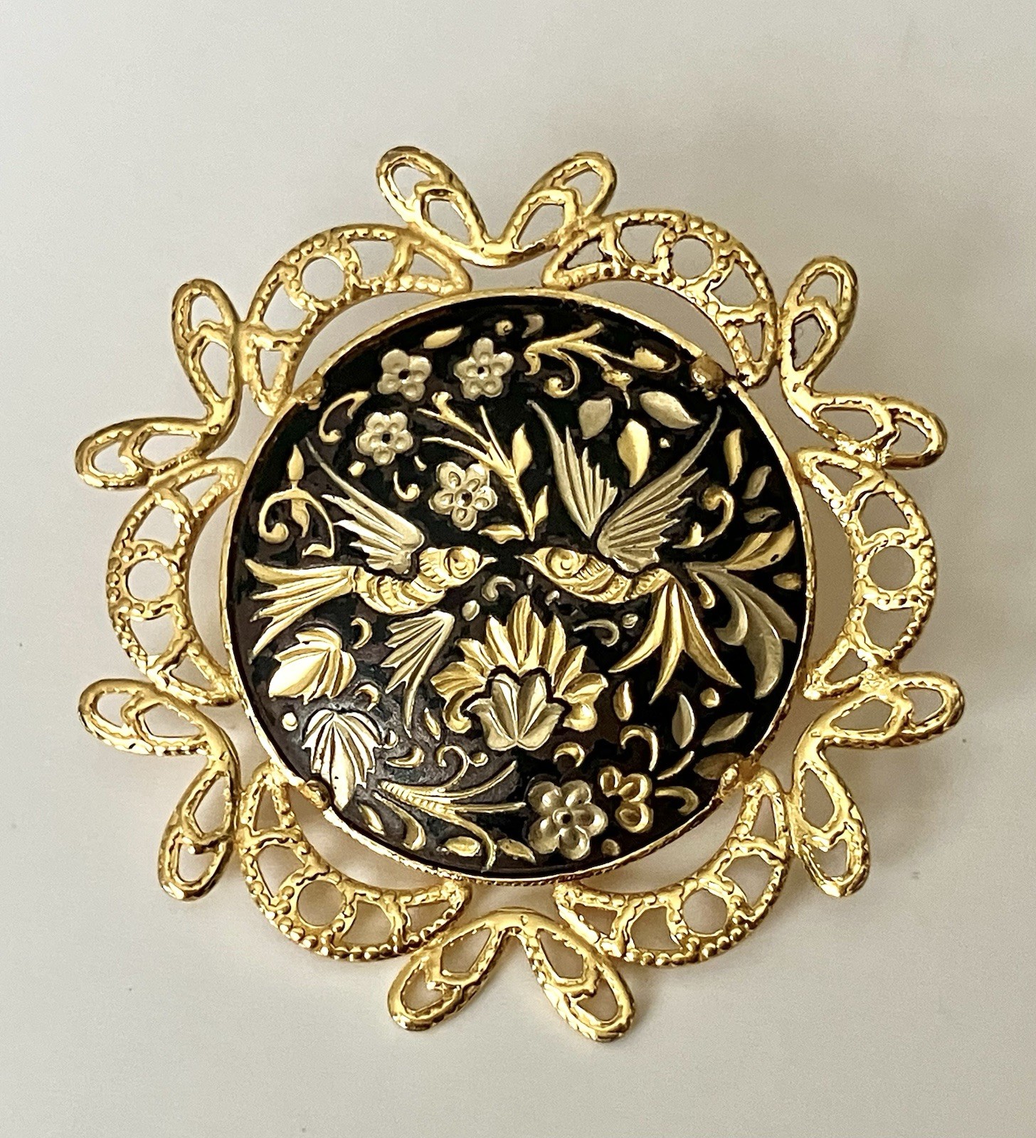 Vintage Spanish Damascene Gold Tone Brooch Pin with Birds and Flowers 1.5 Inch