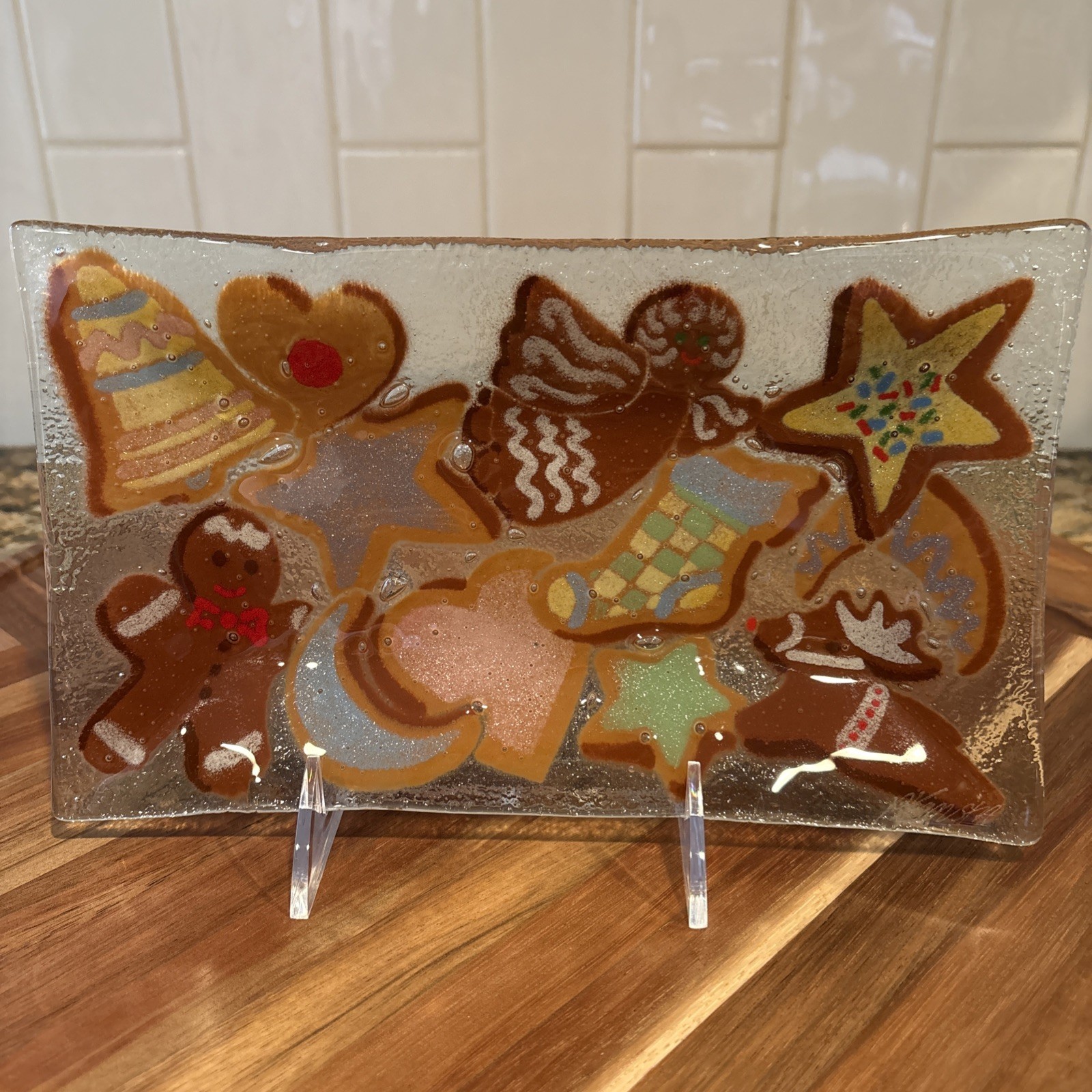 Peggy Karr Fused Glass Christmas Holiday Cookies Gingerbread Tray Plate 5.5x10”