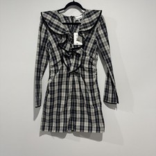 NWT Ganni Plaid Ruffle Lace Up Dress  Cotton Long Sleeve Black White