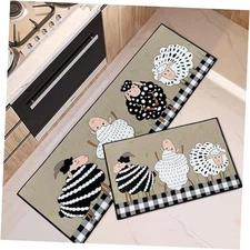  Black and White Kitchen Rugs and Mats Non Skid Washable Set of 2, Sheep