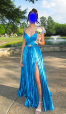 Sherri Hill 57005 Blue Criss Cross Bodice Pleated Silk Formal Prom Dress Gown